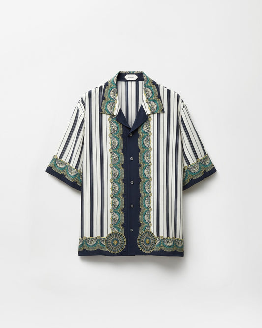 Premium Navy Stripe Baroque Printed Cuban Collar Half Sleeve Shirt for Men | Luxury Casual Resort Wear